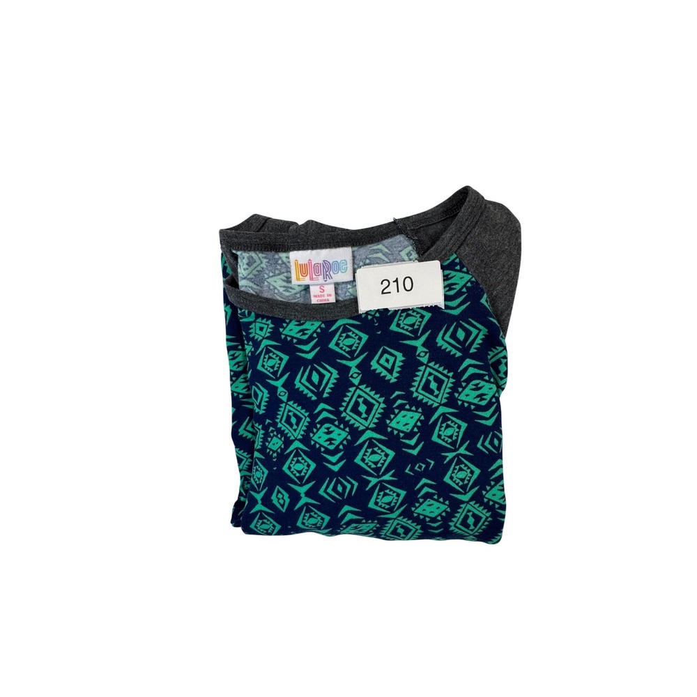 LuLaRoe Randy Tee Women Small Gray Teal Geometric 3/4 Sleeve Raglan Baseball Top - Picture 8 of 8